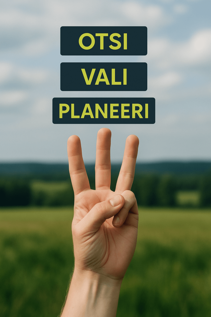 Kolm sõrme näitav käsi rohelise maastiku taustal, mille kohal on tekst "OTSI, VALI, PLANEERI"